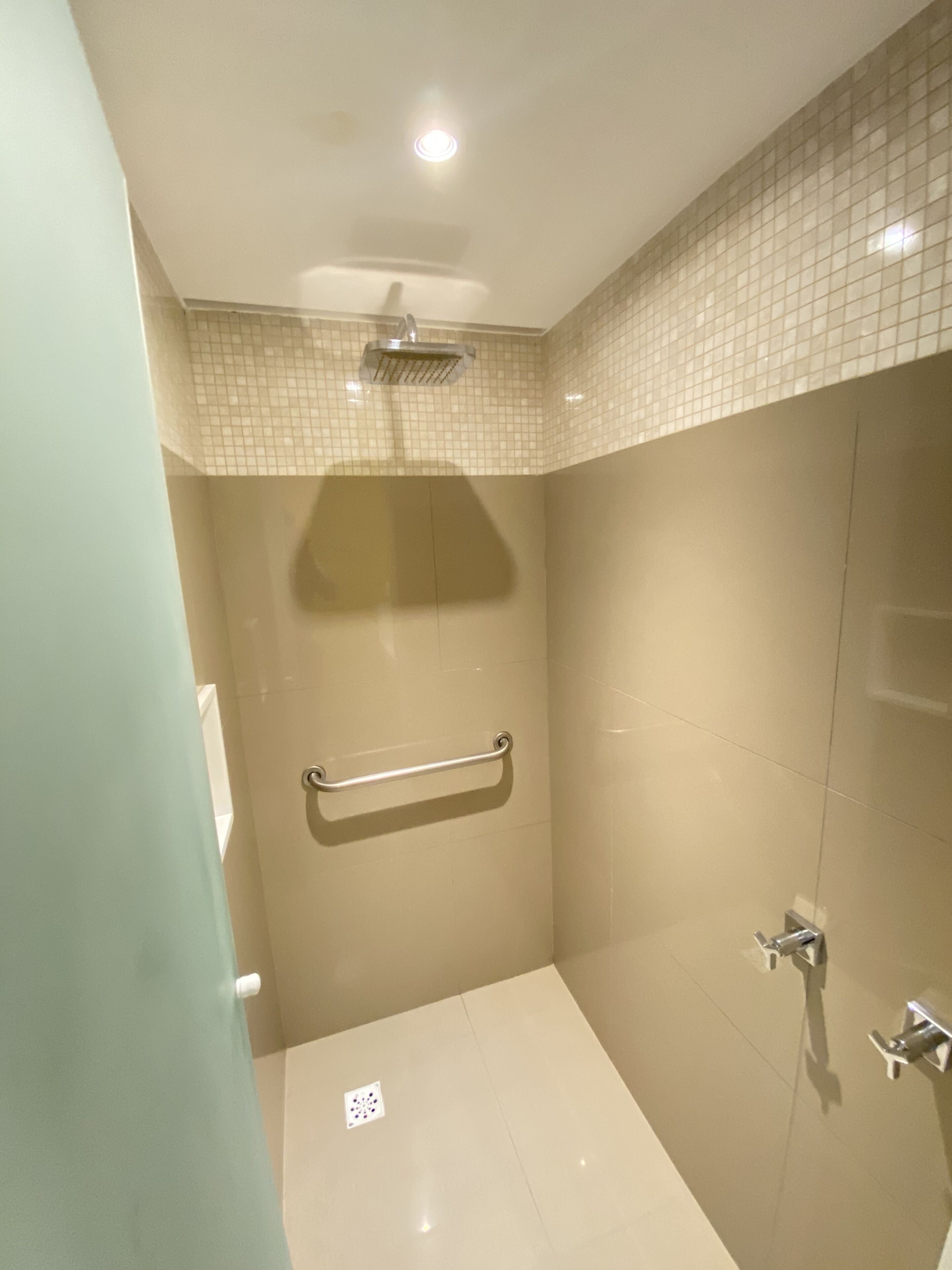 Ein kleines, modernes Badezimmer mit Dusche, Handlauf und Fliesenwand.