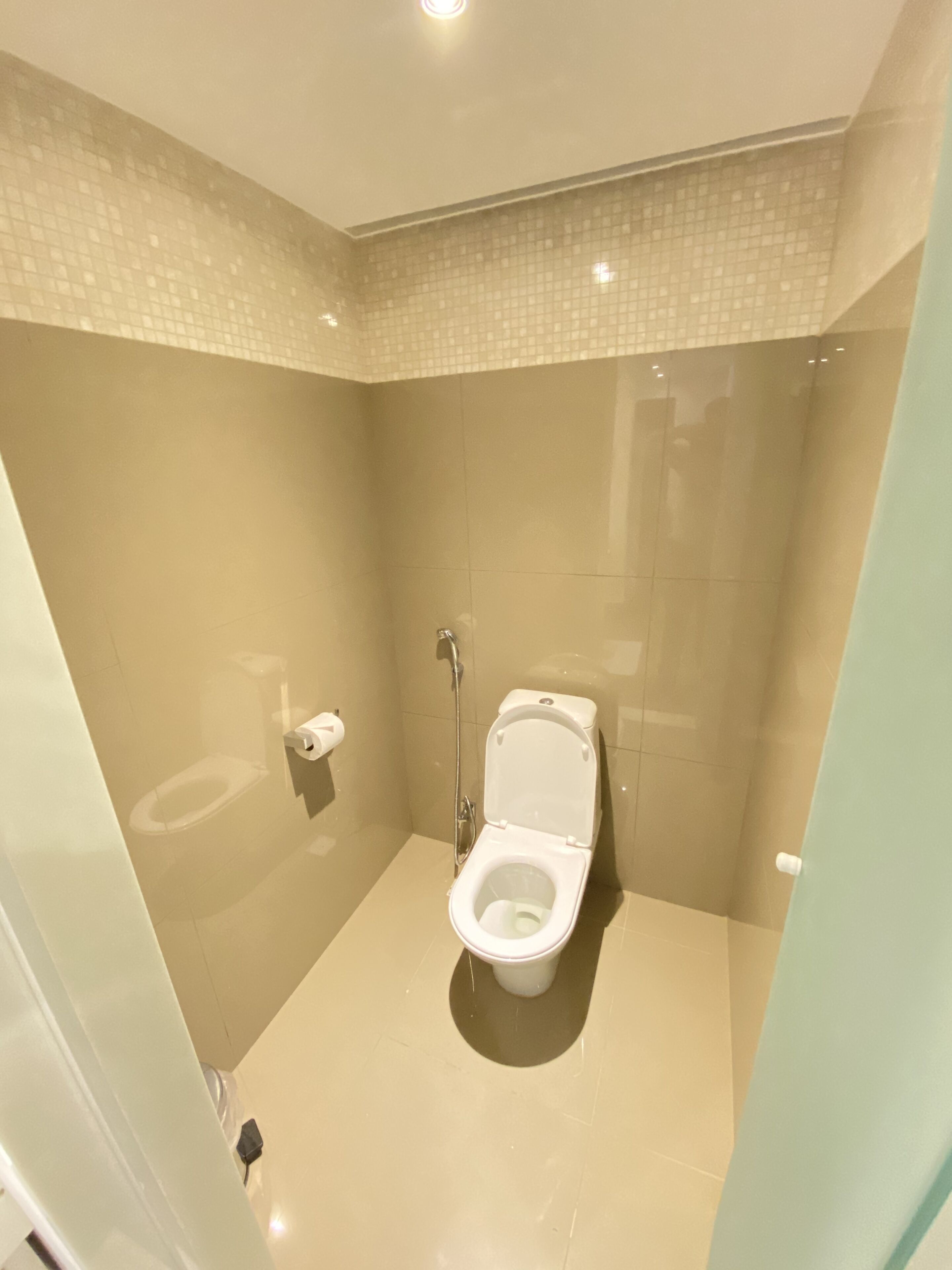 Ein modernes Badezimmer mit Toilette, Dusche und Fliesen.