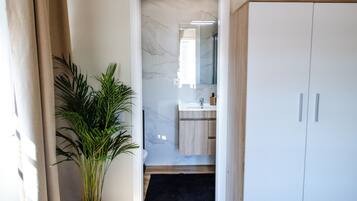 A hotel room with a wooden floor, a large wardrobe, a potted plant, and a view into the bathroom.