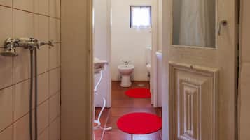 A narrow hallway leading to a bathroom with a toilet, bidet, and sink.