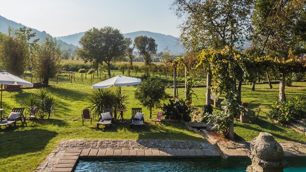 Un espace piscine bordé de pierres, entouré d’une végétation luxuriante et offrant une vue sur des collines lointaines.