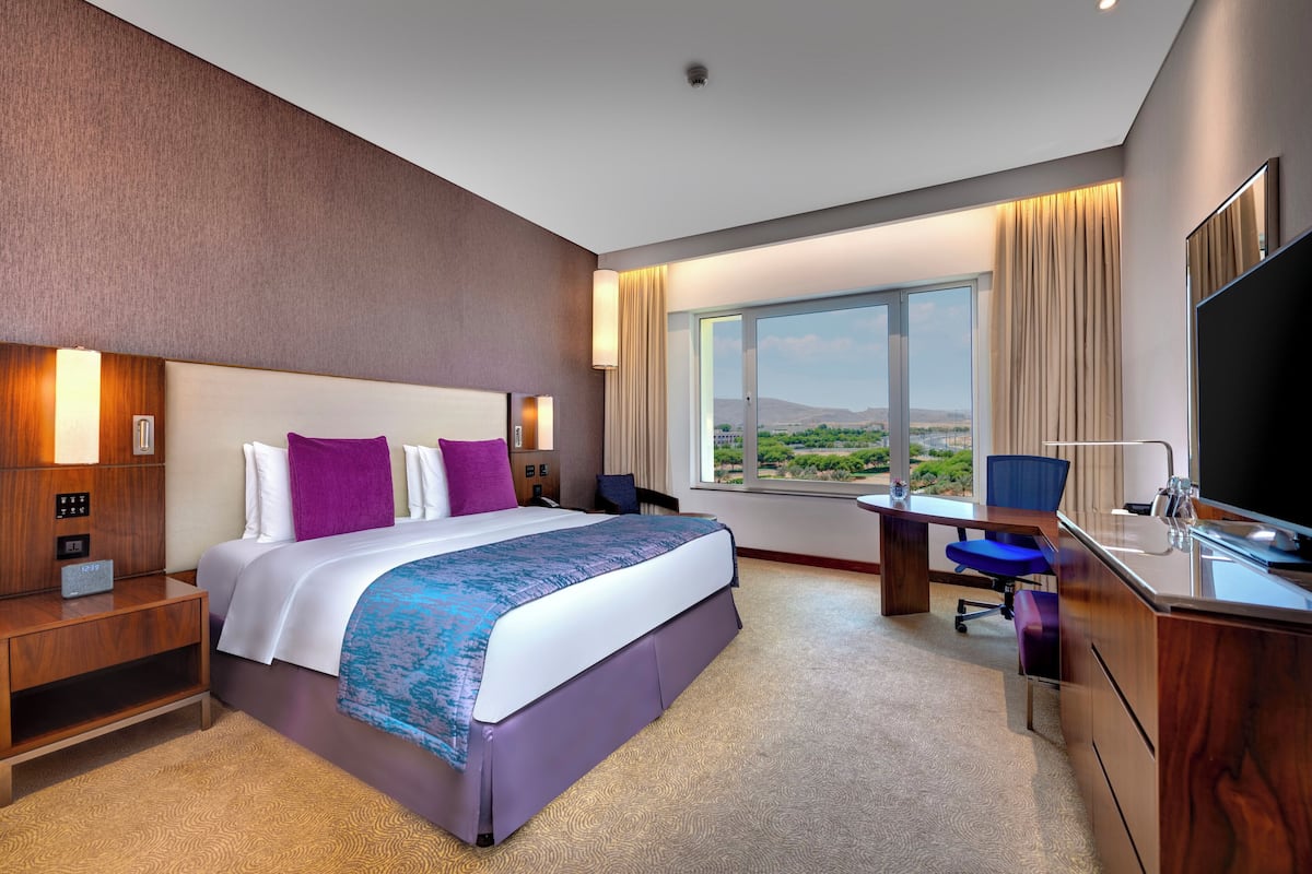 A modern hotel room with a large bed, a desk, and a TV.