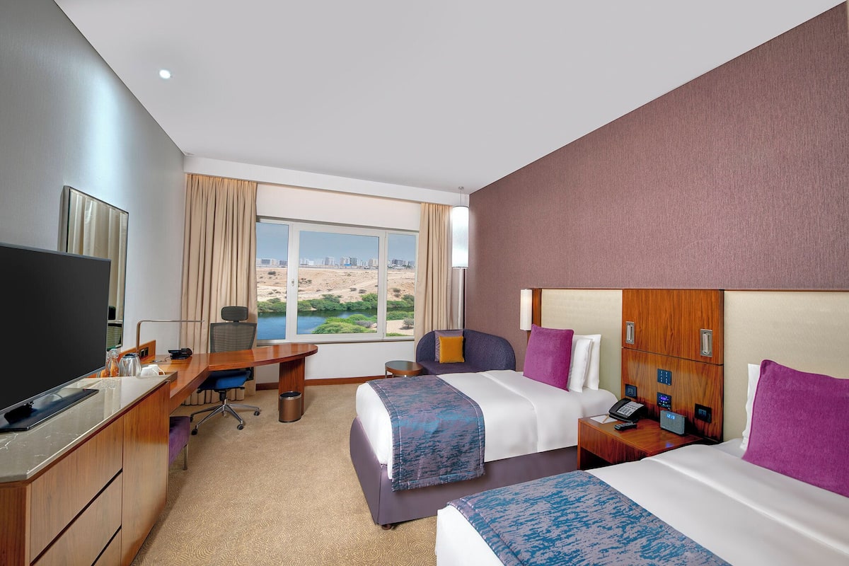 A hotel room with two beds, a desk, a chair, a TV, and a window with a view of a desert landscape.