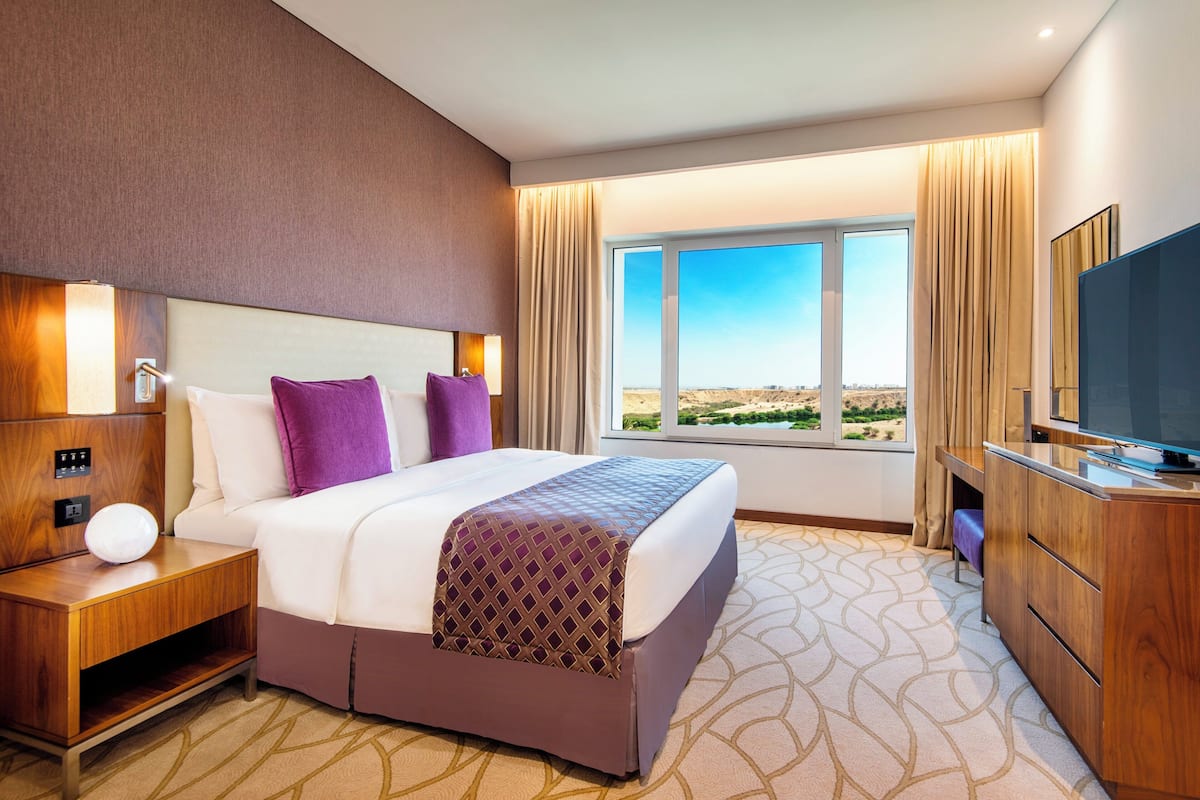 A hotel room with a large bed, a TV, a wooden nightstand, and a view of the desert landscape.