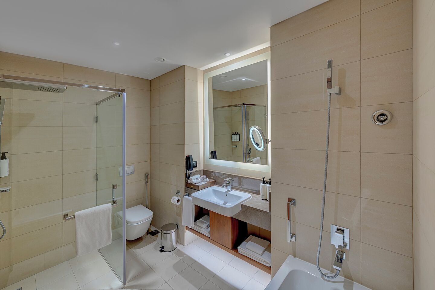 A modern bathroom with a glass shower enclosure, a toilet, a sink, and a bathtub.