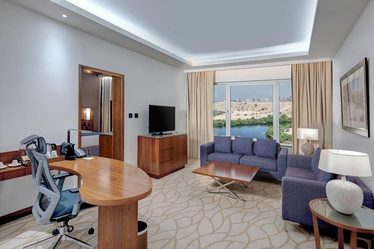 A hotel room with a desk, chair, sofa, TV, and a view of a desert landscape.
