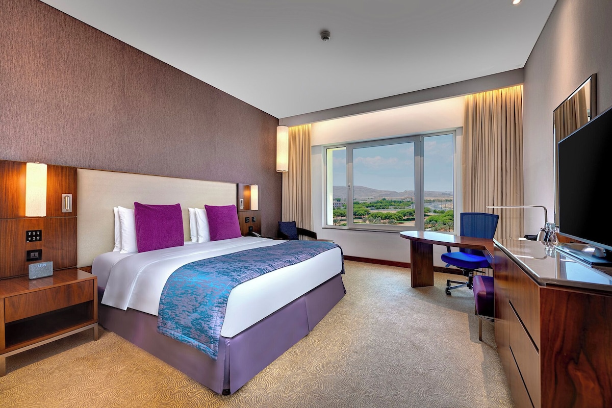 A hotel room with a large bed, a desk, a chair, a television, and a window with a view of the landscape.