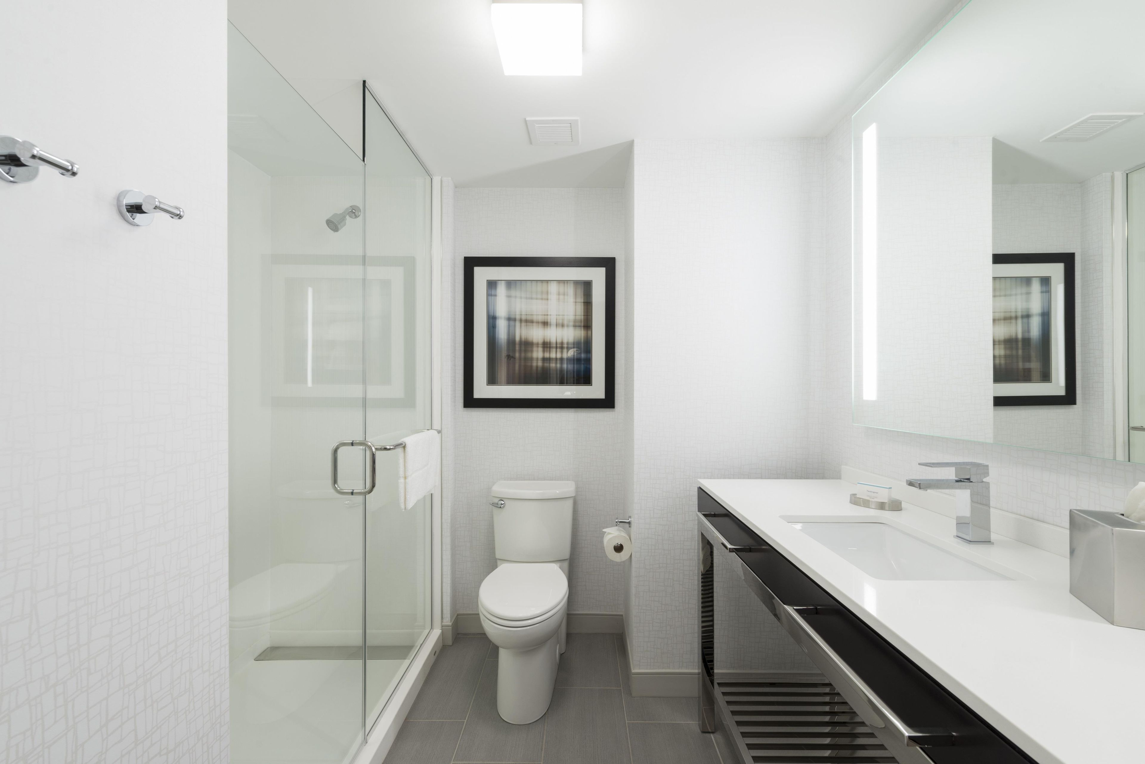 A modern bathroom with a glass shower enclosure, a toilet, and a sink with a mirror above it.