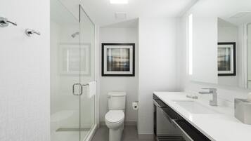 A modern bathroom with a glass shower enclosure, a toilet, and a sink with a mirror above it.
