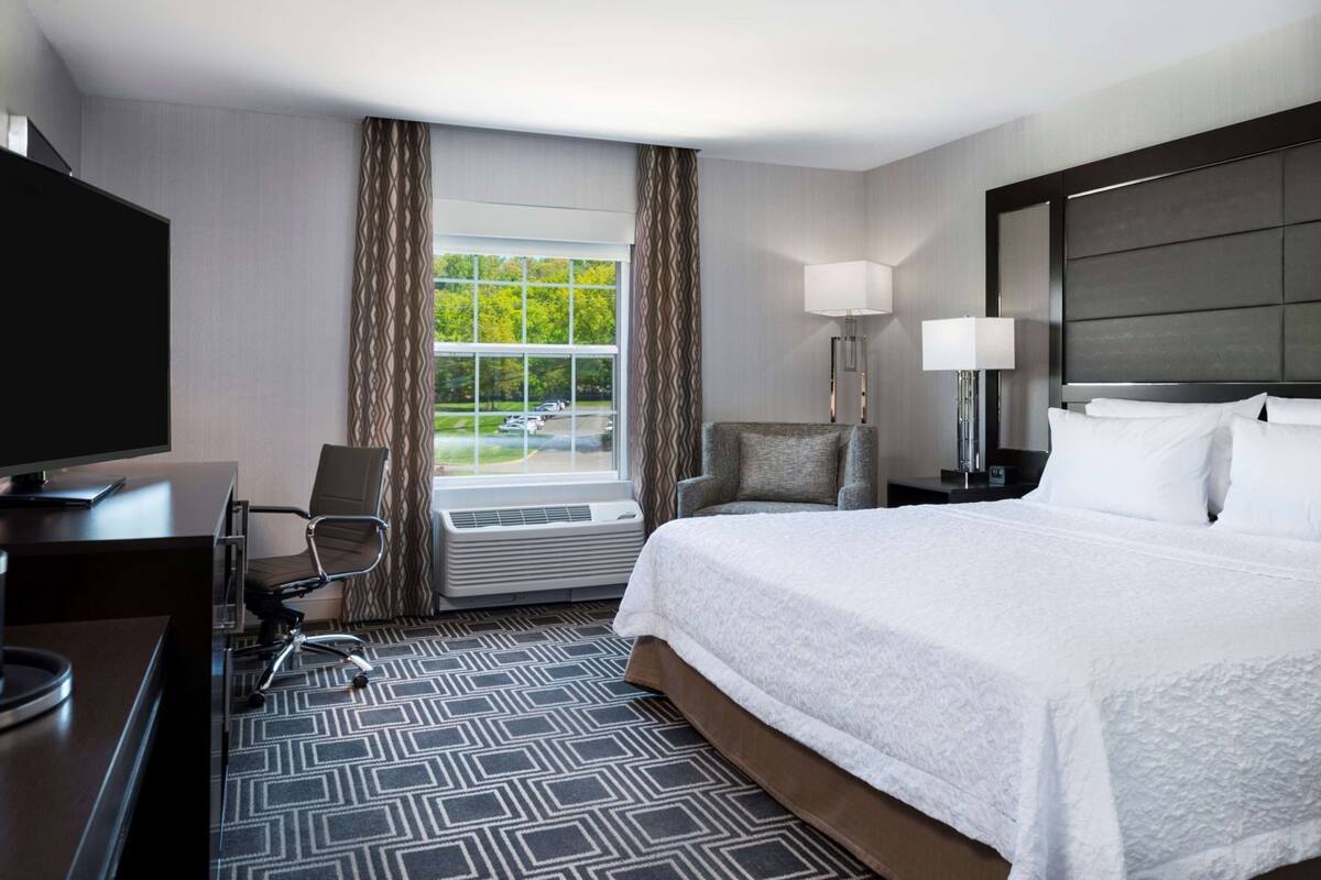 A hotel room with a large bed, a desk with a TV, a chair, a lamp, and a view of greenery outside.