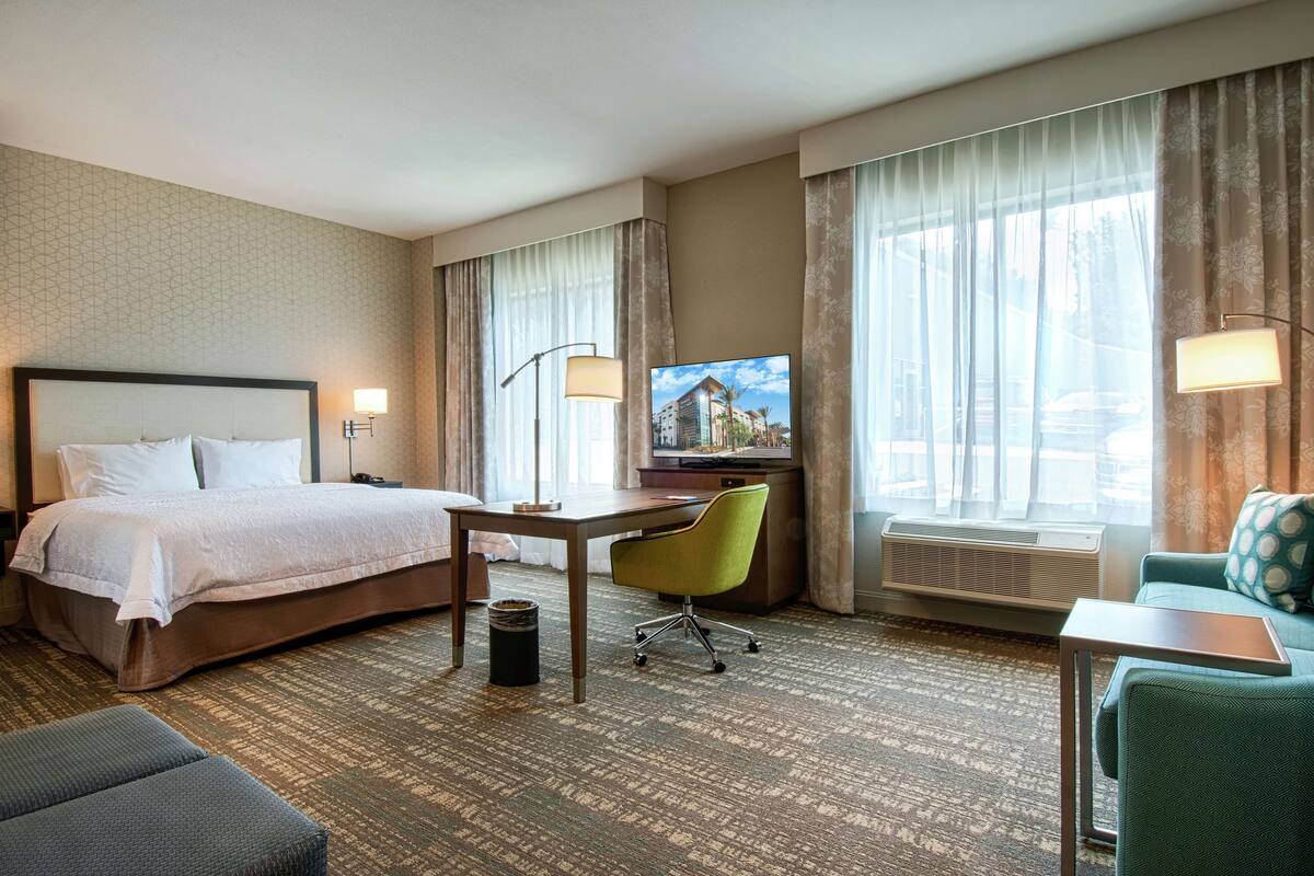 Una camera d'albergo con un letto grande, una scrivania con sedia, una televisione e un divano.