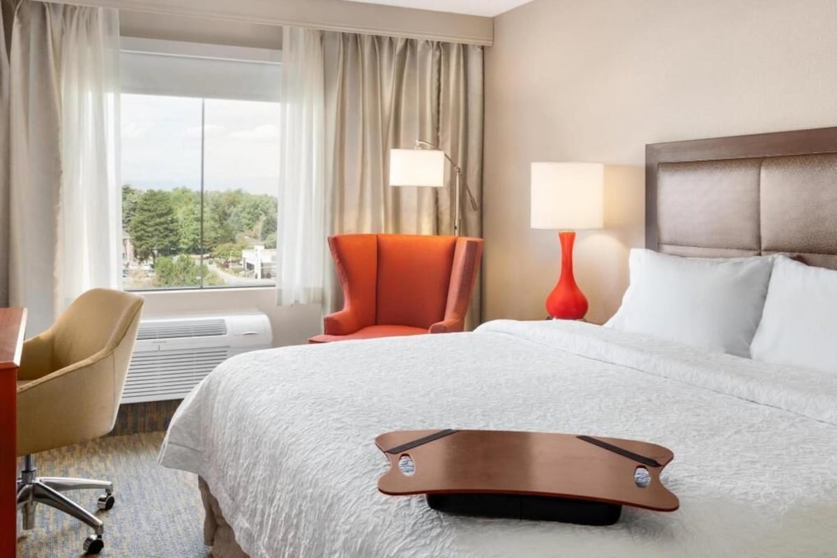 A hotel room with a bed, a chair, a desk, a lamp, and a view of greenery outside.
