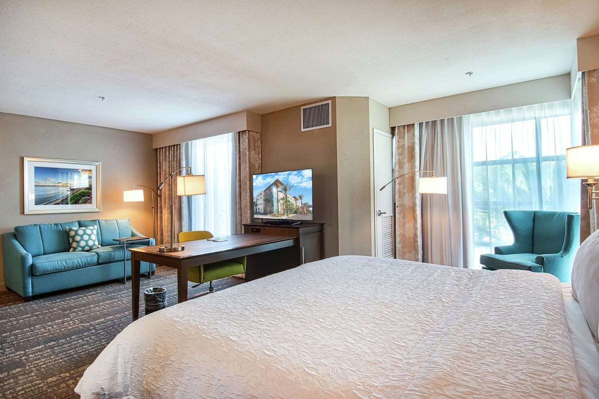 Una camera d'albergo con un letto grande, una scrivania con una sedia, un divano e una televisione.