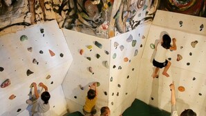 A climbing wall with various holds and a green padded area at the bottom. - WORLDTRECK DINER & GUESTHOUSE - Pise - Hostel (Nagano)