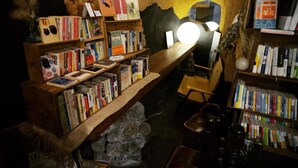 A cozy reading nook with bookshelves filled with books, a comfortable chair, and a unique stone wall. - WORLDTRECK DINER & GUESTHOUSE - Pise - Hostel (Nagano)