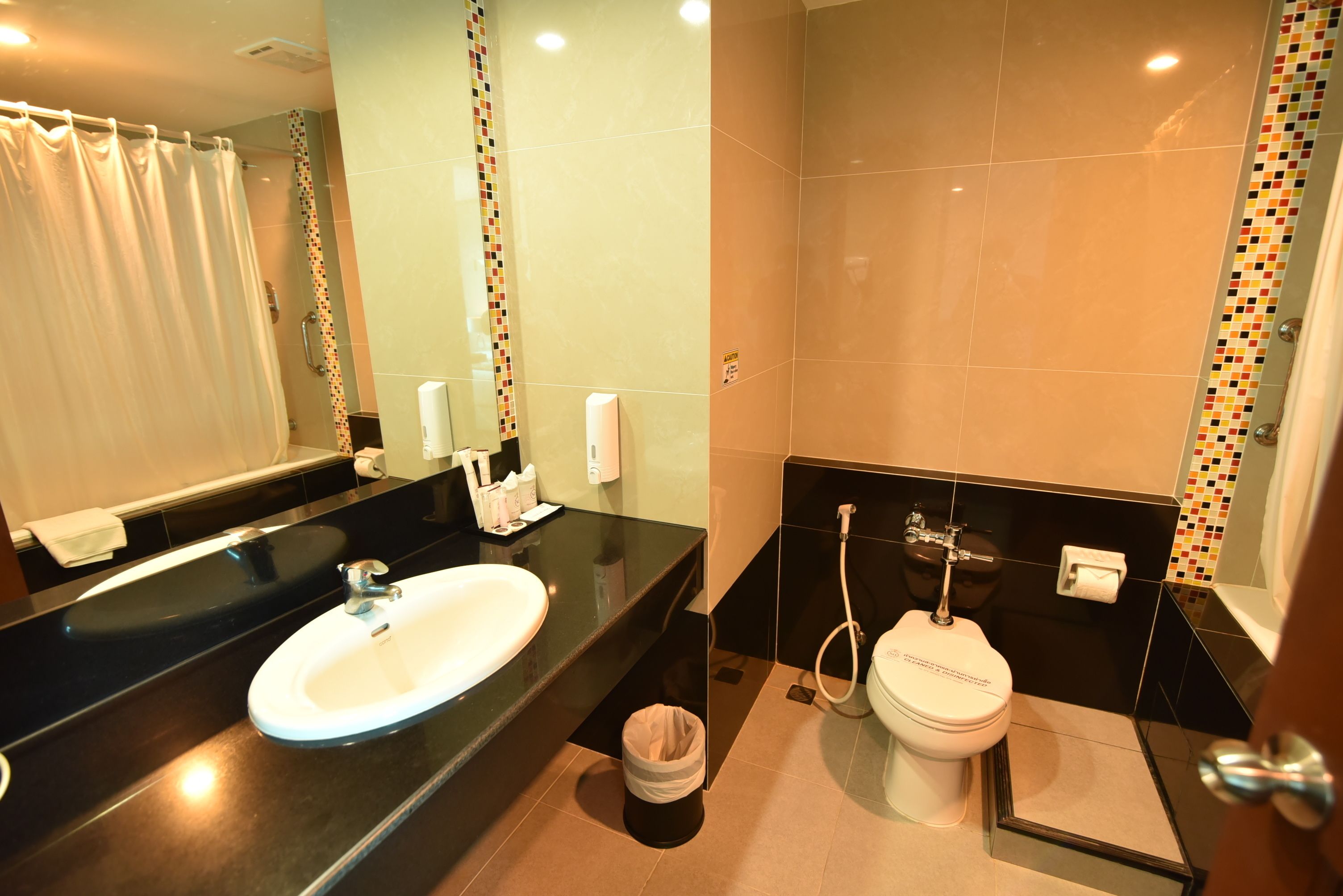 combined shower/bathtub, deep-soaking bathtub, free toiletries