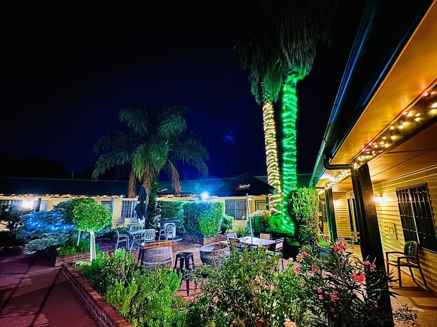 An outdoor patio area with tables and chairs, a palm tree, and a building with string lights.