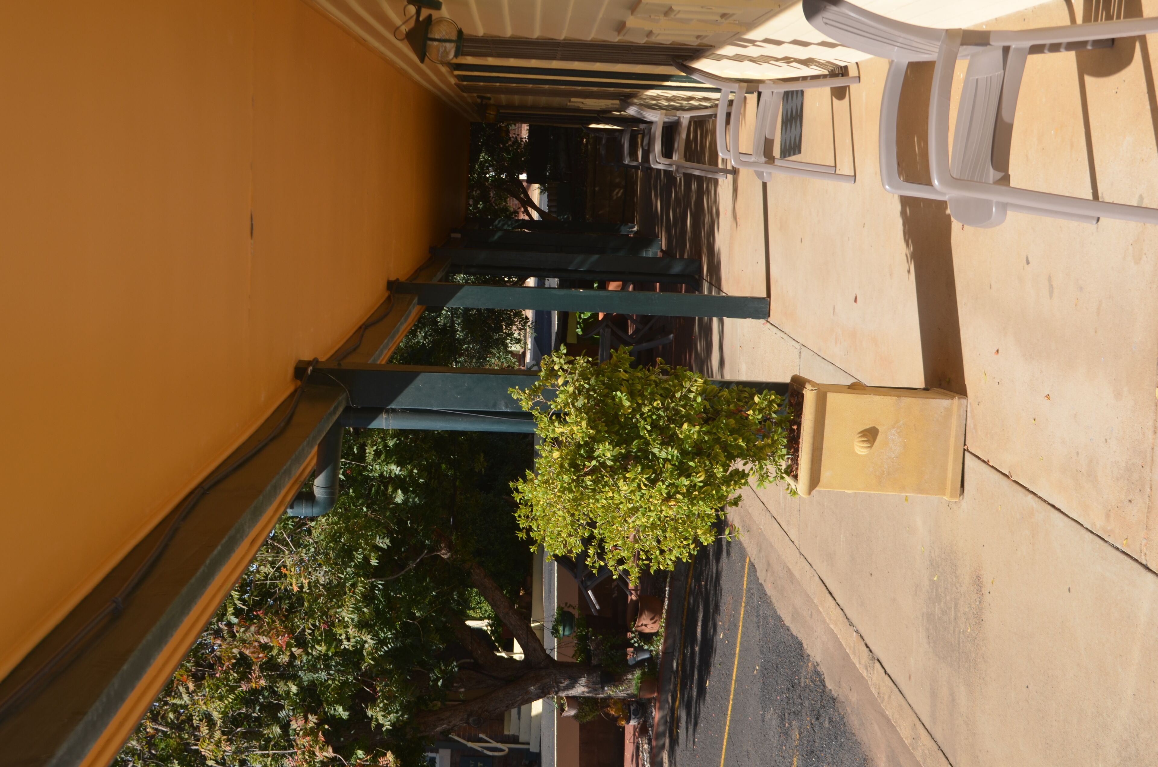 A narrow outdoor corridor with a yellow wall, a tree, and a metal staircase.