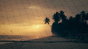 Privat strand, hvit sand, solsenger og parasoller