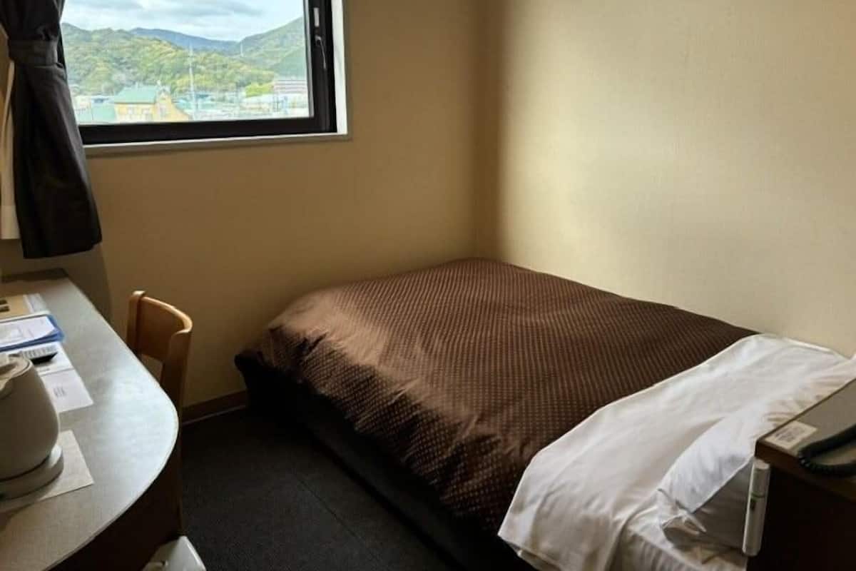 Quarto de hotel pequeno com uma cama de solteiro, uma mesa com cadeira e uma janela com vista para uma montanha e edifícios.