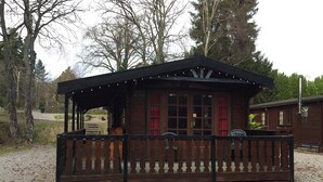A wooden cabin with a porch and string lights, surrounded by trees. - Lurchers Cabin Aviemore (Aviemore)