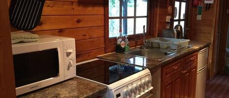 A compact kitchen with wooden cabinets, a microwave, a stove, and a sink.