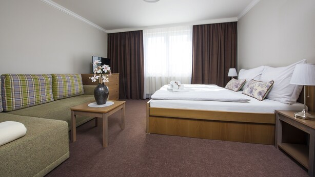 Una habitación de hotel con cama, sofá, una mesita, lámpara y un florero con flores.