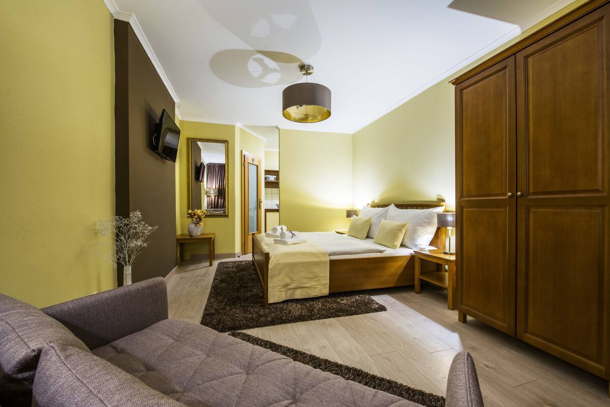 A bedroom with a bed, a wardrobe, a TV, and a sofa.
