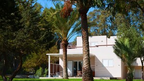 A modern two-story house with a covered patio, surrounded by lush greenery and palm trees. - Ktima Grammeno (Kantanos-Selino)