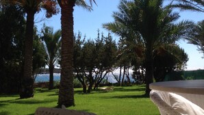 A wicker chair and table on a patio with a view of a grassy area and trees. - Ktima Grammeno (Kantanos-Selino)