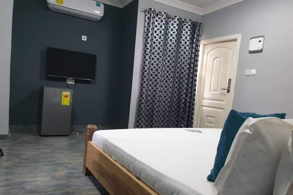 Ein Schlafzimmer mit Bett, Fernseher, Klimaanlage, Kleiderschrank und einer Tür.