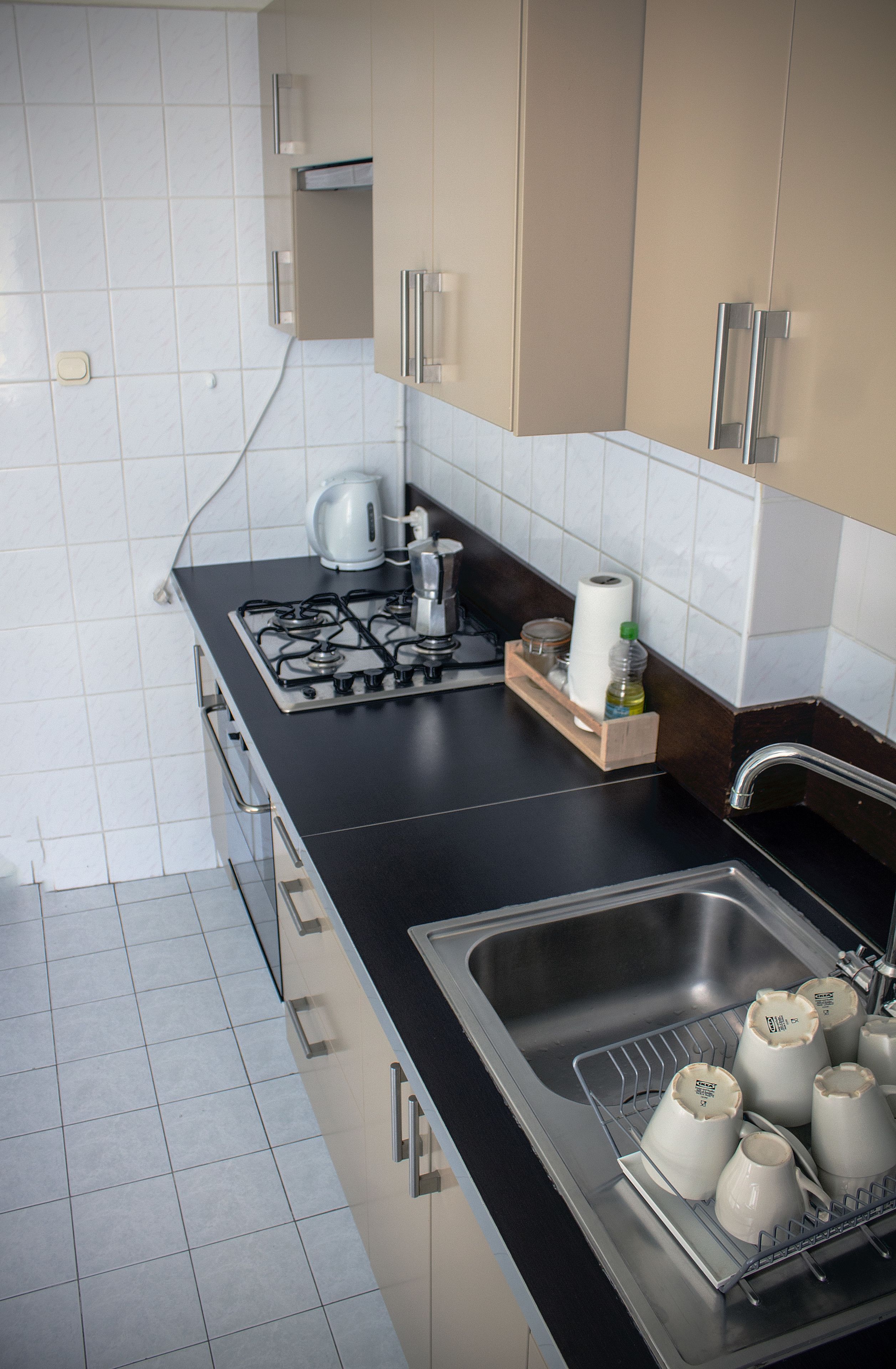 Full-sized fridge, oven, stovetop, coffee/tea maker