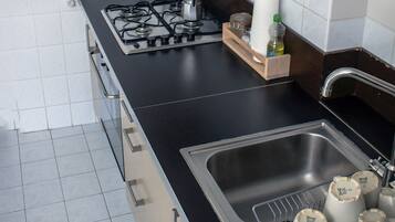 Full-size fridge, oven, stovetop, coffee/tea maker