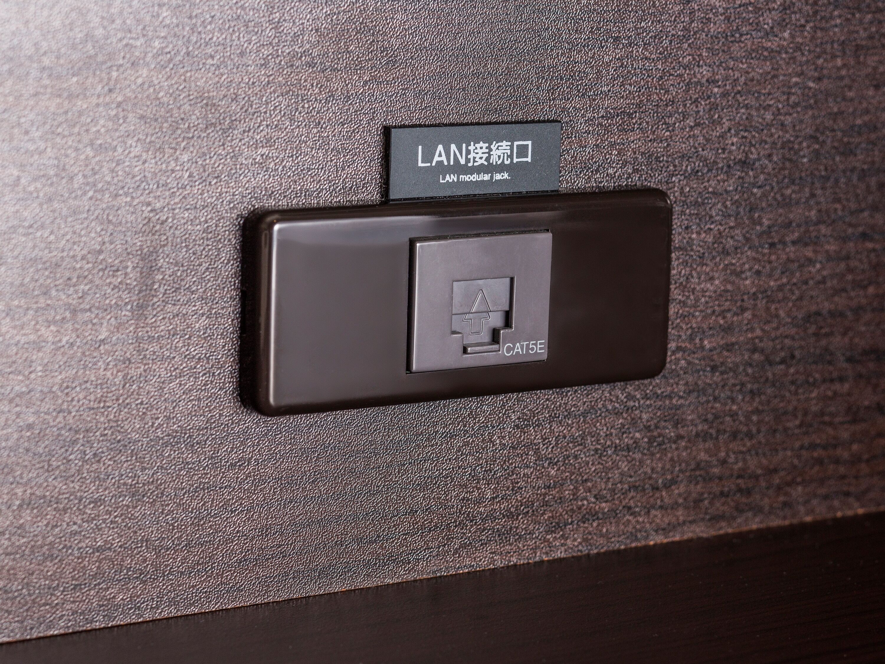 Un conector modular LAN sobre una pared con textura.