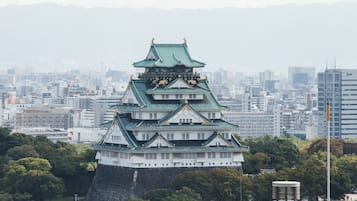 Un château japonais traditionnel à plusieurs niveaux, entouré de bâtiments urbains et de verdure.