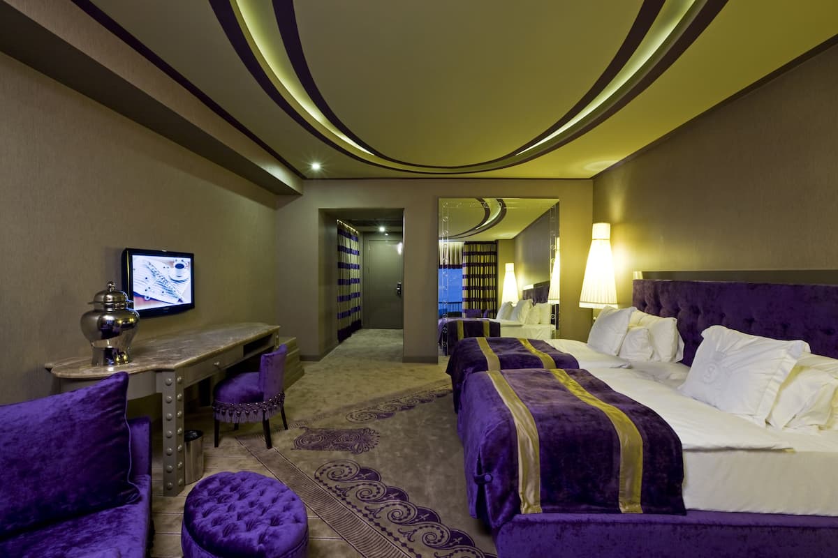 Habitación de hotel con una cama grande, un escritorio, una silla y un televisor.