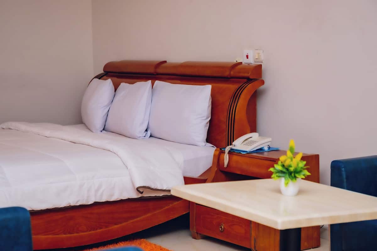 A hotel room with a wooden bed, white bedding, a bedside table with a phone, a small plant, and a desk with a chair.