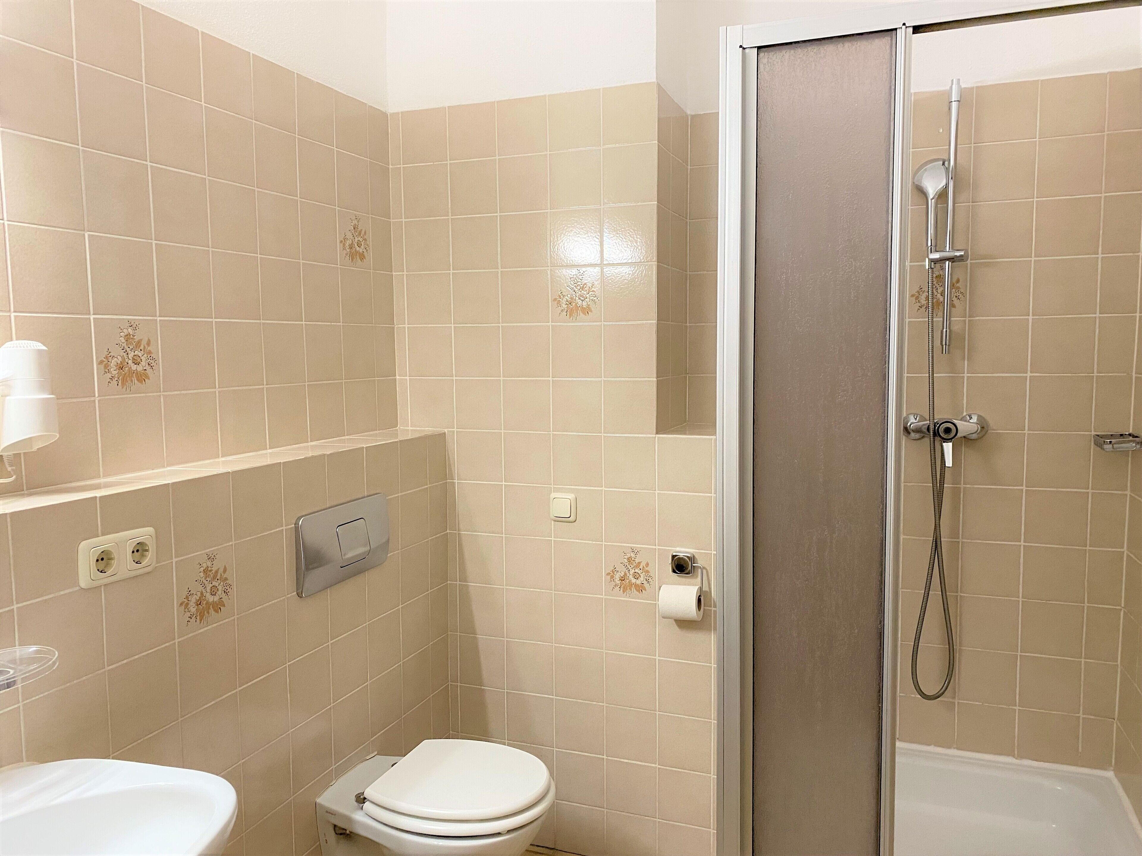 shower, free toiletries, hair dryer, towels