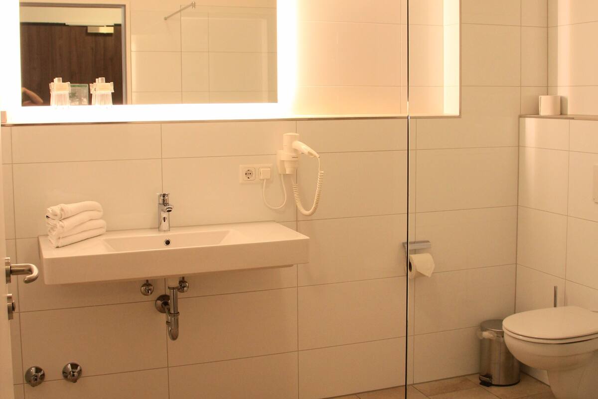 shower, free toiletries, hair dryer, towels