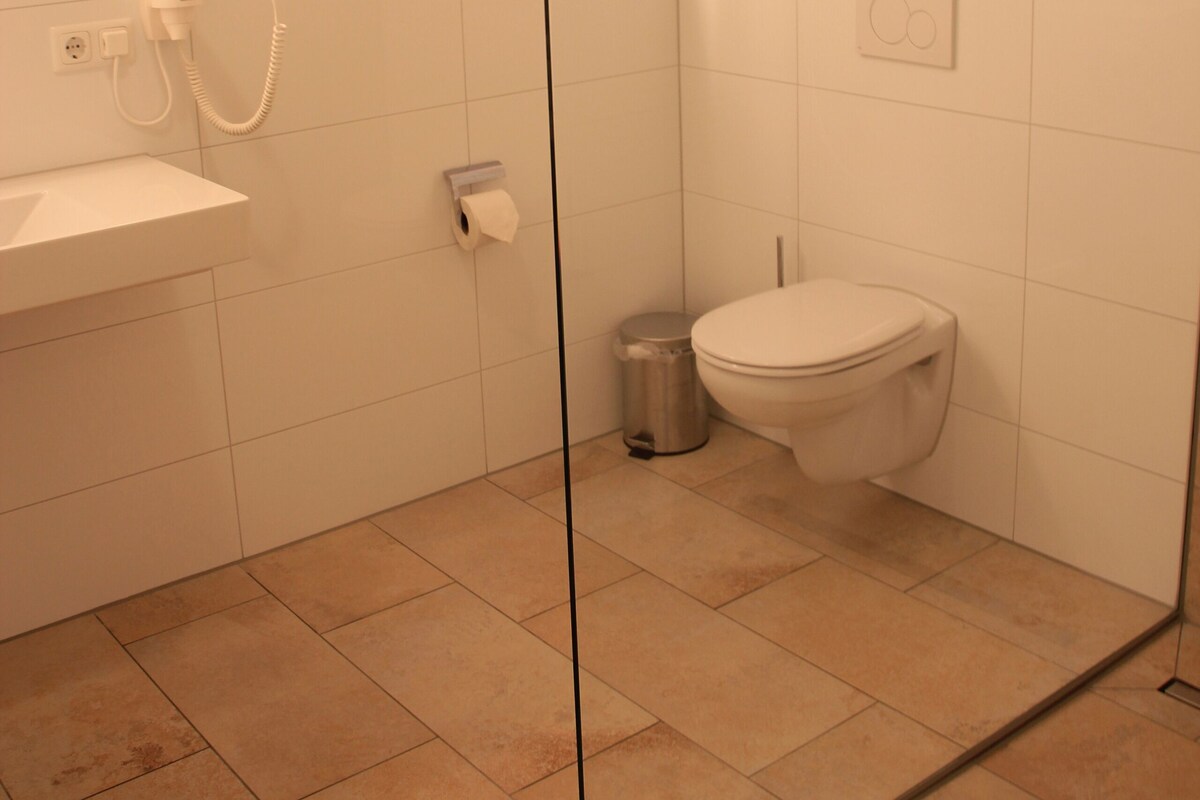 A bathroom with a glass partition, a sink, a toilet, and a trash bin.
