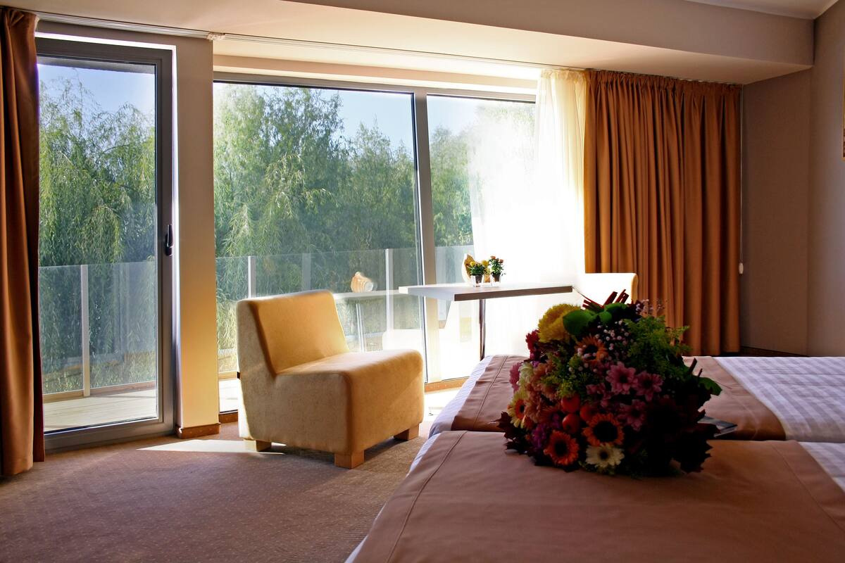 deluxe double or twin room, balcony, river view | minibar, in-room safe, desk, soundproofing