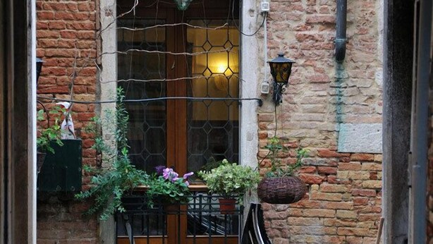 A narrow street with a canal, a gondola, and a building with a window and hanging plants.