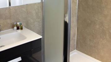 A modern bathroom with a glass shower enclosure, a white sink, and a mirror.