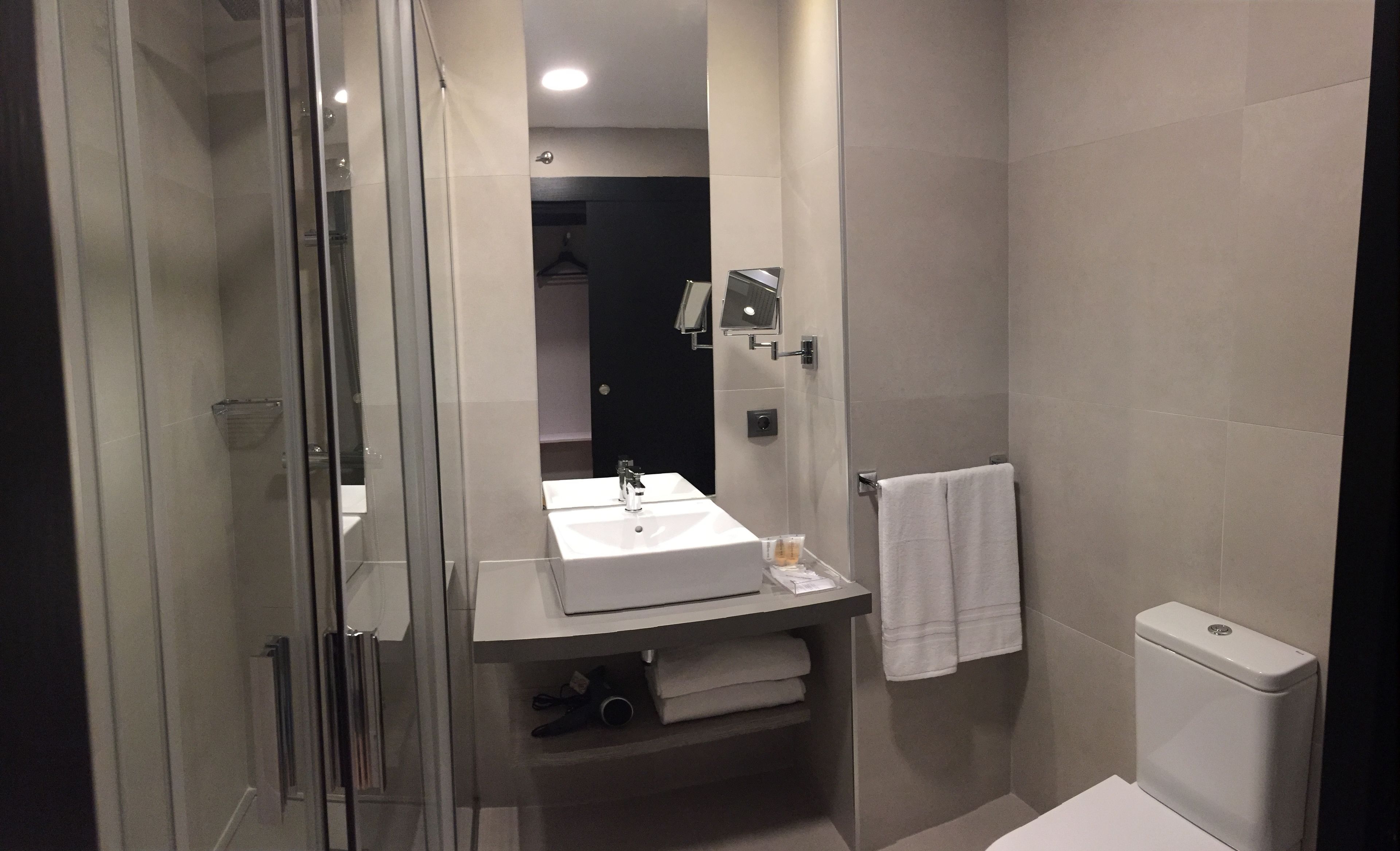 Une salle de bain moderne avec une douche à parois de verre, un lavabo blanc et des toilettes.