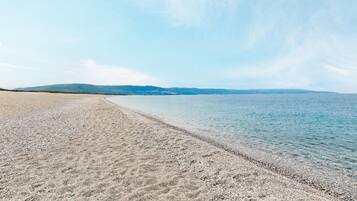 A beach with a clear sky and calm water.