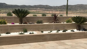 Una terraza ajardinada con vistas a colinas distantes, con palmeras, plantas diversas y un muro de contención de piedra.