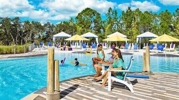 Een zwembadgedeelte met ligbedden en parasols, omgeven door palmbomen.