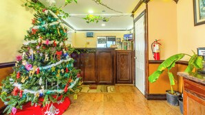 A lobby with a Christmas tree, wooden reception desk, and a potted plant. - Budget Inn By OYO Edinburg Hwy 281 (Edinburg)