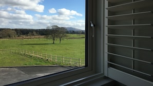 A window with a view of a green field, a wooden fence, and a tree. - The Red Cottage & Stables (Sligo)