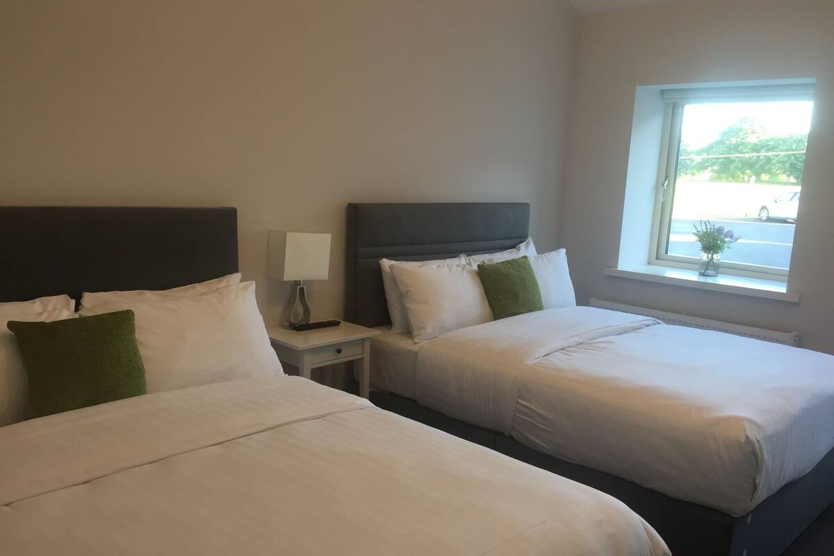 A hotel room with two beds, a nightstand with a lamp, and a window with a view of the street.